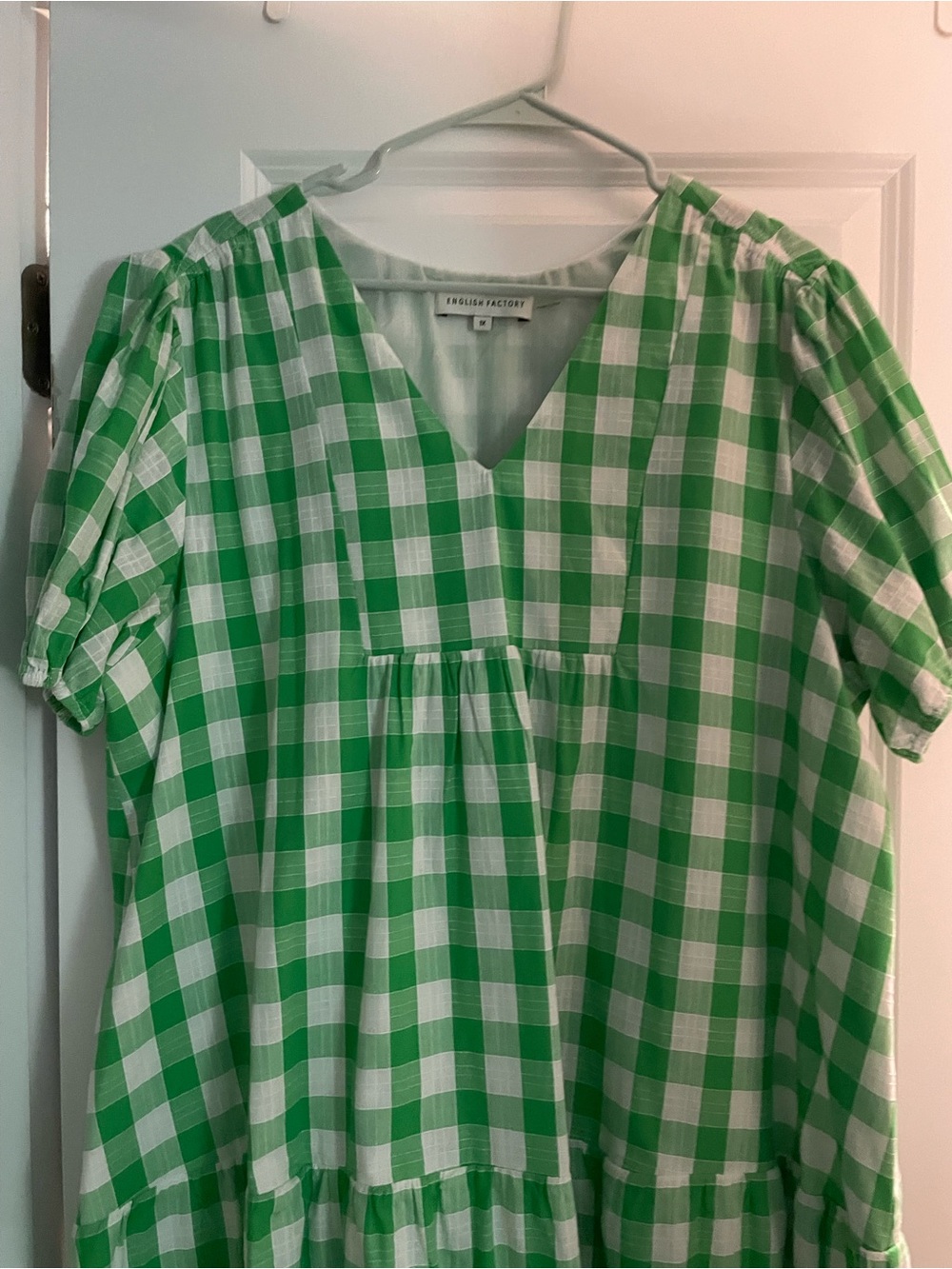 English Factory Green and White Gingham V-Neck Puff Sleeve Tunic